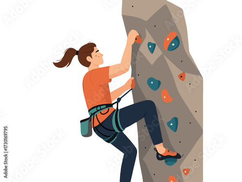 Female Climber on Indoor Climbing Wall with Blue and Orange Holds in Pixel Art Style on White Background