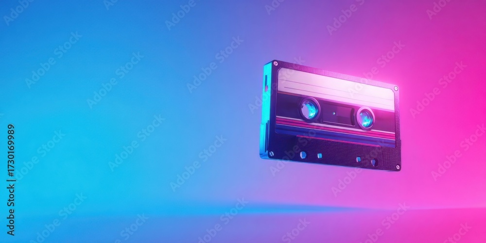 Fototapeta premium Vintage cassette tape floating against a colorful background