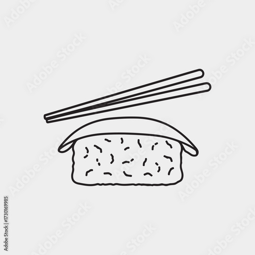sushi with chopsticks line art vector illustration, minimal japanese food icon, asian cuisine outline isolated on white background.