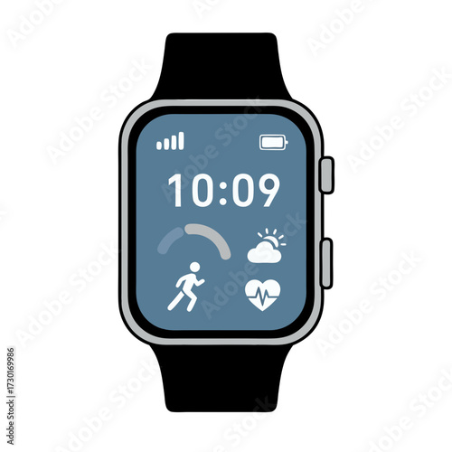 Close-Up Blue Smartwatch Display on White Background Showing Time Weather and Health Data in Clean Vector Style