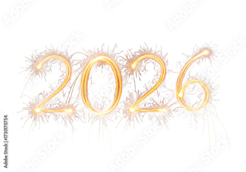 Bright golden numbers 2026 illuminated by sparkling fireworks against a deep black background creating a festive and celebratory new year s eve atmosphere