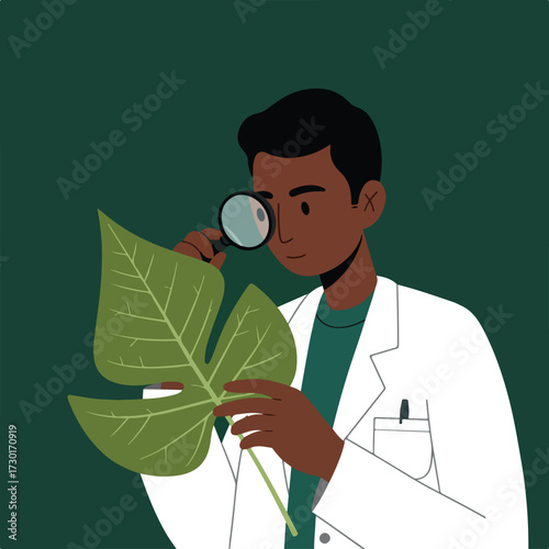 Botanist inspects leaf with magnifying glass against a solid green background