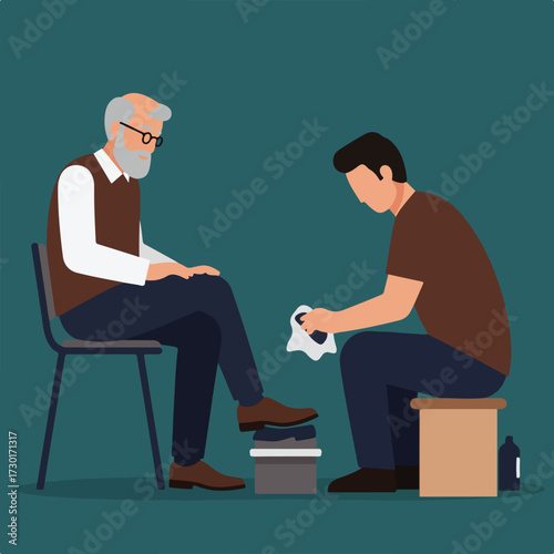 Shoe shining Old man in chair gets shoe polished by young man