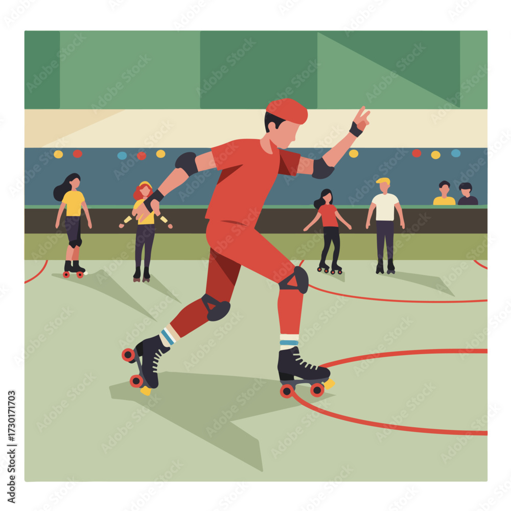 Fototapeta premium Roller derby scene with skater in action and audience, graphic style