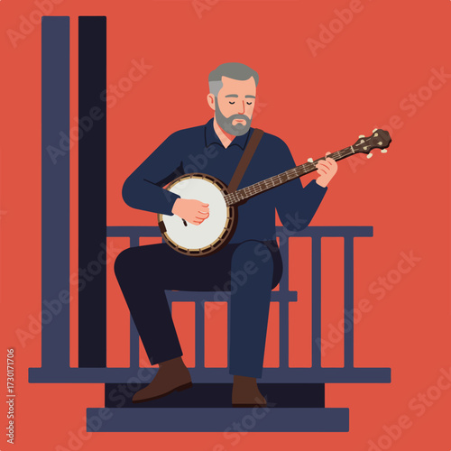 Man with a banjo seated on porch on orange background