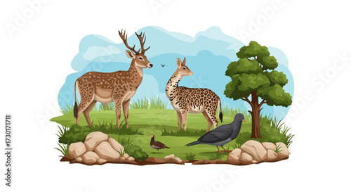 A serene illustration of a deer and a small spotted animal in a lush green meadow with a dove, a pigeon, and a tree