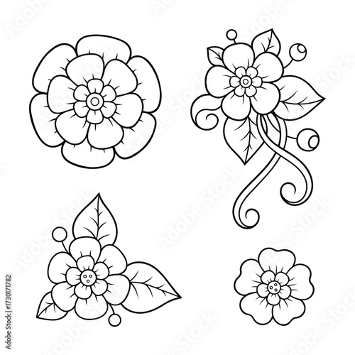 Set of Mehndi flower pattern for Henna drawing and tattoo. Decoration in ethnic oriental, Indian style. Doodle ornament. Outline hand draw vector illustration.