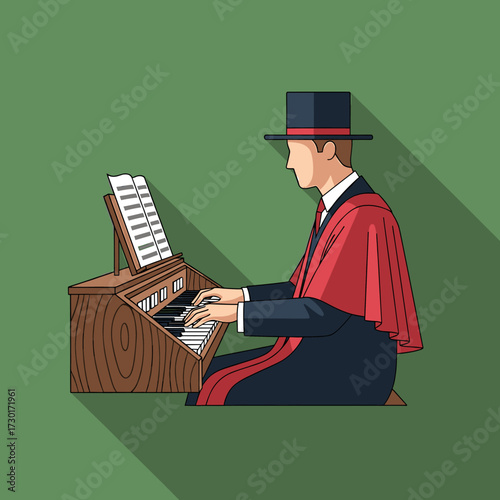 A musician in formal attire sits playing a small organ, reading sheet music.