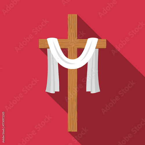 Wooden cross draped with white cloth against a red background, symbolizing faith and resurrection.
