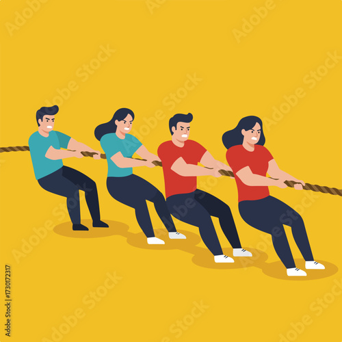 Four people pull rope with intense facial expressions on yellow background