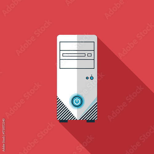 Illustration of a white computer tower with a power button on a red background, casting a long shadow.