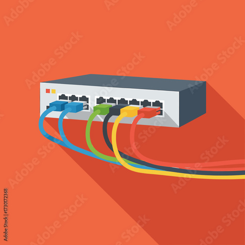 Network switch with colorful ethernet cables plugged into ports, casting a long shadow on an orange background.