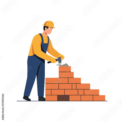 Cartoon builder sets brick with hammer