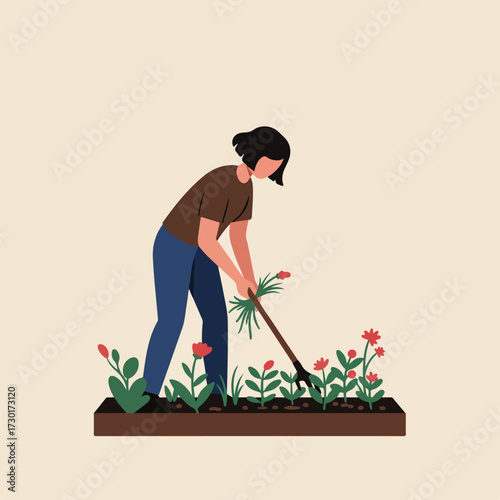 Flat illustration of a person gardening red flowers using garden claw