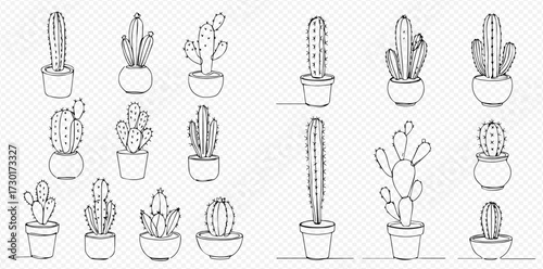 A collection of various hand-drawn cactus plants in pots, illustrated in a simple black and white line art style.