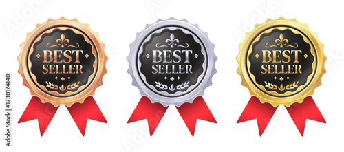 Best seller badges. Gold, silver and bronze seller winner medal with red ribbons, bestseller premium quality label. Circle seal sticker, certificate warranty emblem. Vector set