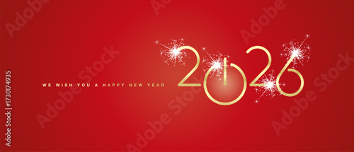 We wish you a Happy New Year 2026 eve golden shining rounded 3d typography sparkle firework red background banner with turn on start button