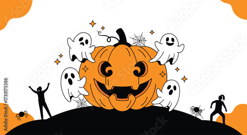 A spooky Halloween scene featuring a grinning jack-o-lantern surrounded by playful ghosts and silhouetted figures on a dark hill.
