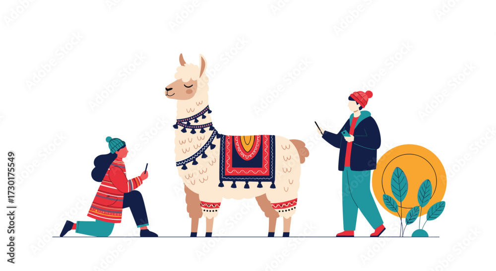 Naklejka premium A person interacts with a llama while another person stands nearby outdoors.