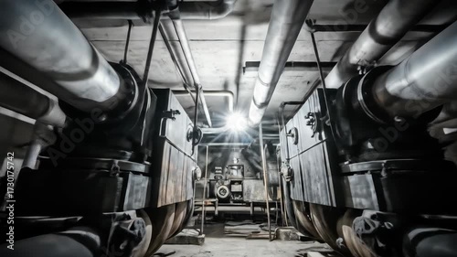 Industrial pipes and ventilation system in a dark interior, infrastructure concept, technology.