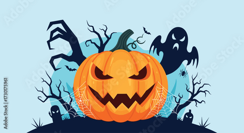Spooky Halloween pumpkin with creepy ghosts and bare trees in the background.