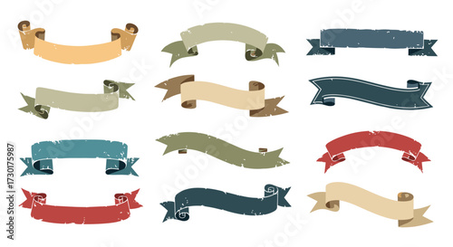 Collection of distressed vintage ribbon banners and scrolls for design purposes.