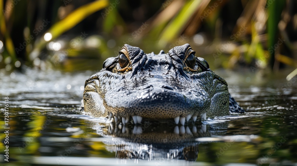 Obraz premium American Alligator emerging from dark waters with sun kissed reflection