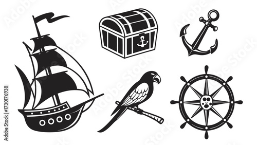 Vector silhouettes of pirate ship, treasure chest, anchor, parrot, skull and crossbones, compass, and cannon. Clean flat black icons for nautical theme.