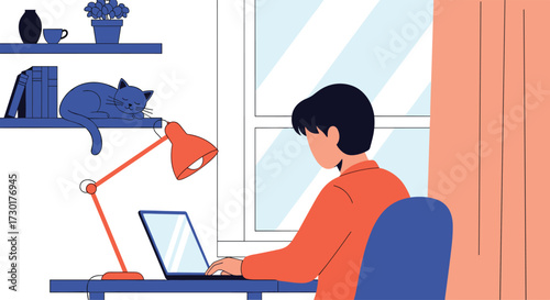Person working at a desk with a laptop and a cat sleeping nearby.