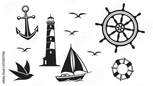 Vector silhouettes of anchor, lighthouse, compass, ship wheel, sailboat, lifebuoy, and seagulls. Minimalist black marine icons, flat clean style.