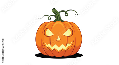 A spooky grinning jack o lantern pumpkin glowing with eerie light on halloween night.