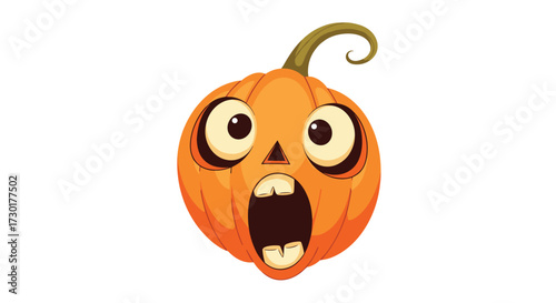 A cartoon spooky pumpkin with wide eyes and an open mouth screams.