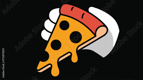 Vector art of a slice of pizza with melted cheese held by a hand