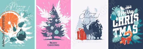 Stylish posters in silhouette and grunge style. Vector modern illustration on the theme of Christmas and New Year