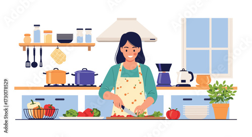 A happy woman is preparing a healthy meal by chopping fresh vegetables in a well-equipped kitchen.