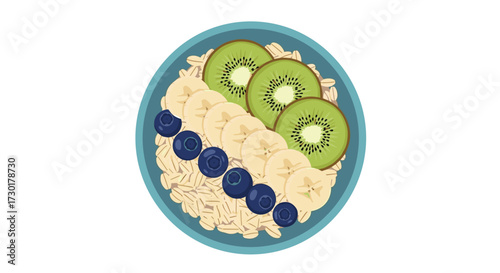 A nutritious and vibrant oatmeal bowl topped with fresh blueberries kiwi and banana slices.
