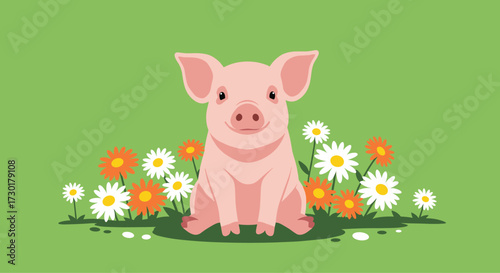 A cute pink piglet sits happily in a field of blooming daisies and orange flowers on a vibrant green background.