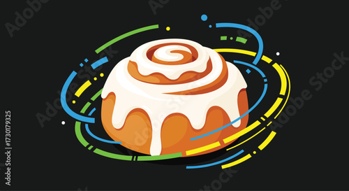 Delicious cinnamon roll with sweet icing and colorful swirling lines on a dark background.