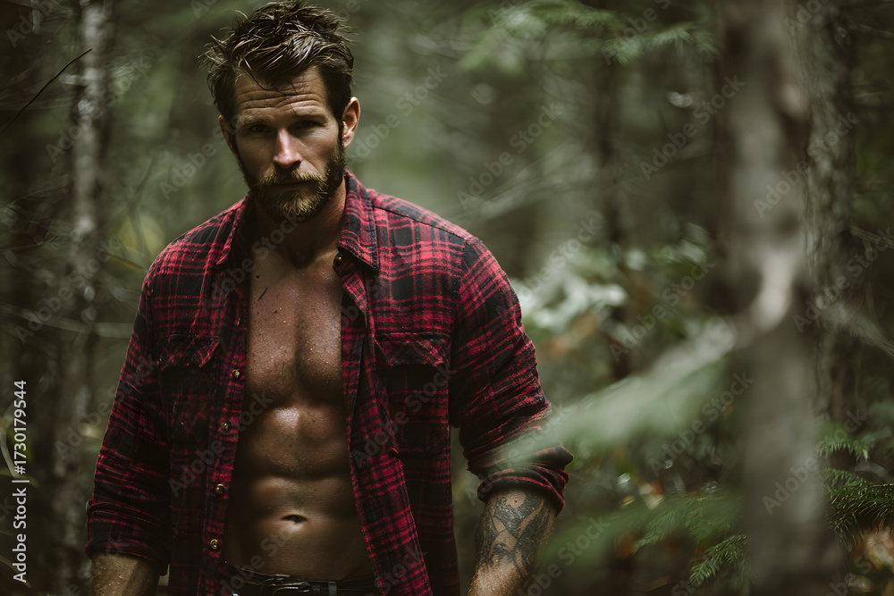 Naklejka premium Very attractive muscular lumberjack in the forest