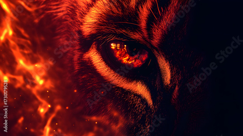 Close-up image of a tiger's eye, set against a backdrop of fiery flames, radiating intense energy and passion.  The image's focus is on the burning eye, creating a dramatic scene.