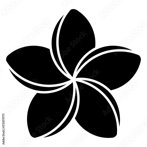 Stylized plumeria flower icon in a simple black silhouette, a vector graphic symbol of tropical frangipani for wellness and spa design