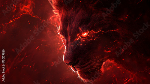 Close-up view of a lion's head, engulfed in fiery, glowing red light and sparks.  The animal's eyes are glowing intensely.
