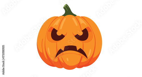 A spooky jack-o-lantern with an angry face glows ominously on a white background representing halloween.