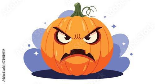 An angry carved pumpkin stands tall on a spooky night surrounded by magical stars.