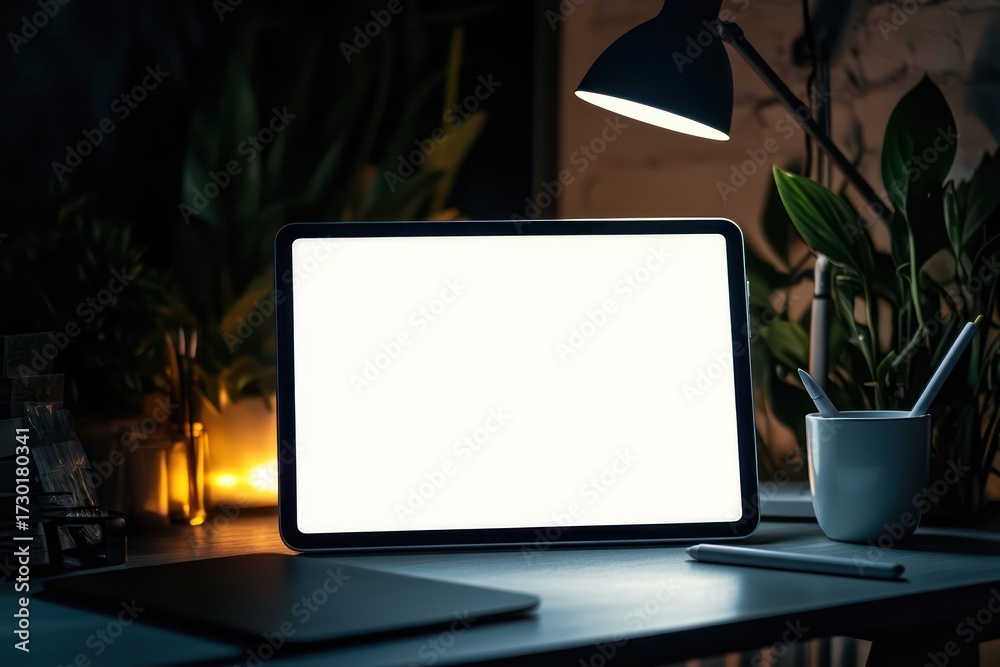Fototapeta premium White Mockup Tablet Screen on Dark Desk in Studio
