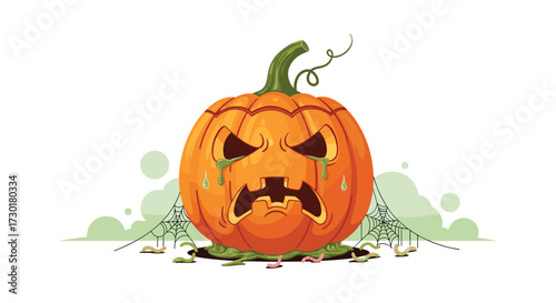 A pixel art illustration of a sad jack o lantern crying tears of sorrow surrounded by cobwebs and decaying leaves representing the spooky spirit of Halloween.