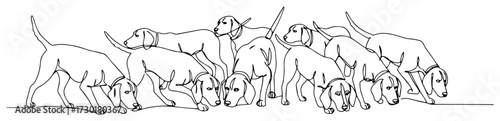 One Line Drawing of a Pack of Hunting Dogs Sniffing a Trail