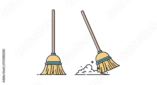 Two brooms one standing upright and the other sweeping dust bunnies across a floor.