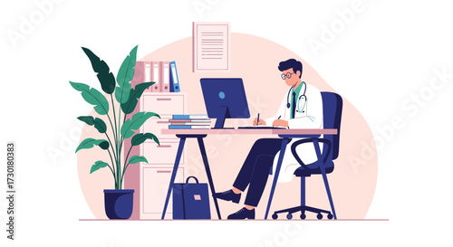 A doctor is sitting at a desk in an office and writing something down on a paper.