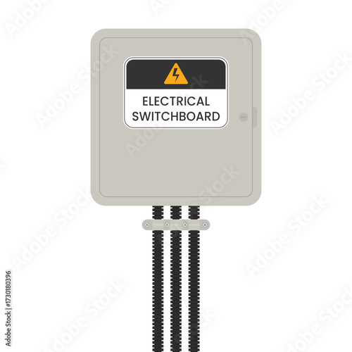 Electrical switchboard panel with hazard label. Industrial safety vector illustration